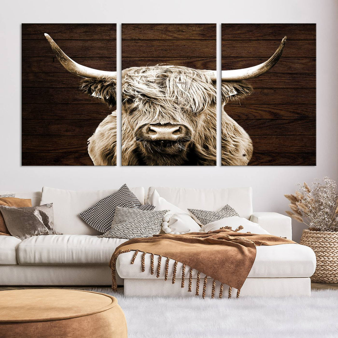 Highland Cow Canvas Wall Art Print - Rustic Scottish Highland Cow with Wooden Texture Background, Perfect for Living Room, Bedroom, or Office Decor