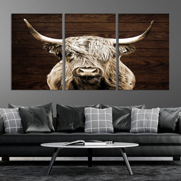 Highland Cow Canvas Wall Art Print - Rustic Scottish Highland Cow with Wooden Texture Background, Perfect for Living Room, Bedroom, or Office Decor