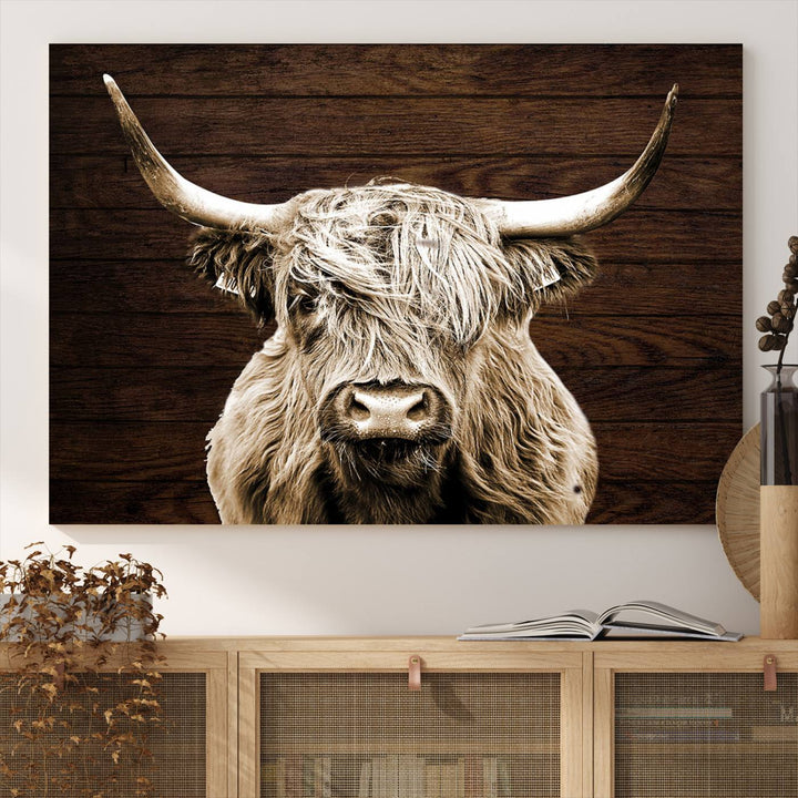 Highland Cow Canvas Wall Art Print - Rustic Scottish Highland Cow with Wooden Texture Background, Perfect for Living Room, Bedroom, or Office Decor