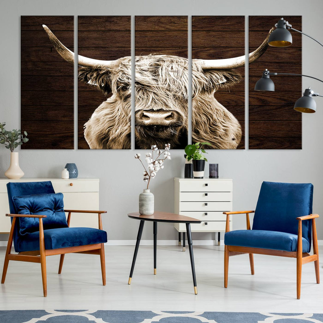 Highland Cow Canvas Wall Art Print - Rustic Scottish Highland Cow with Wooden Texture Background, Perfect for Living Room, Bedroom, or Office Decor