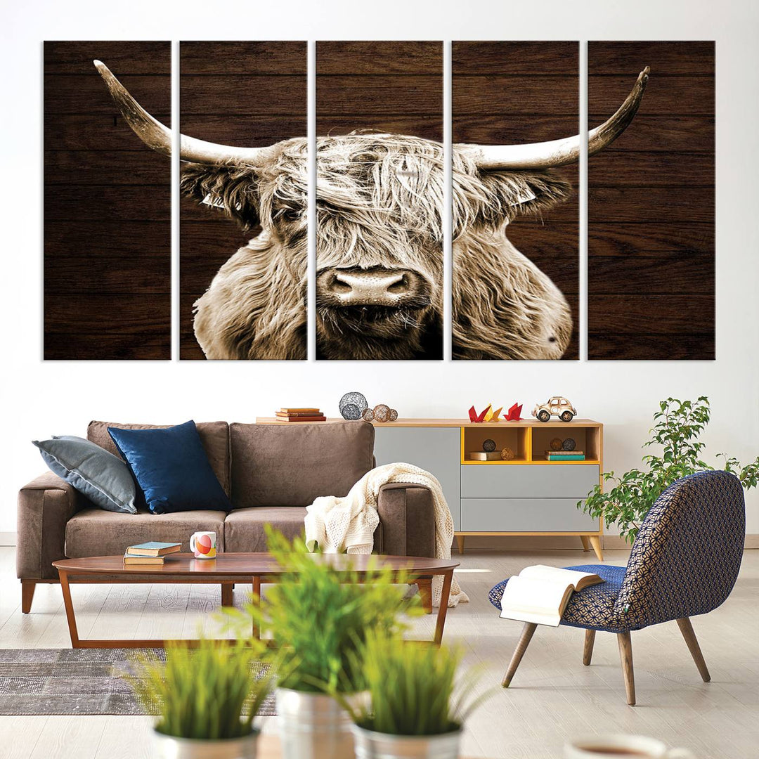 Highland Cow Canvas Wall Art Print - Rustic Scottish Highland Cow with Wooden Texture Background, Perfect for Living Room, Bedroom, or Office Decor