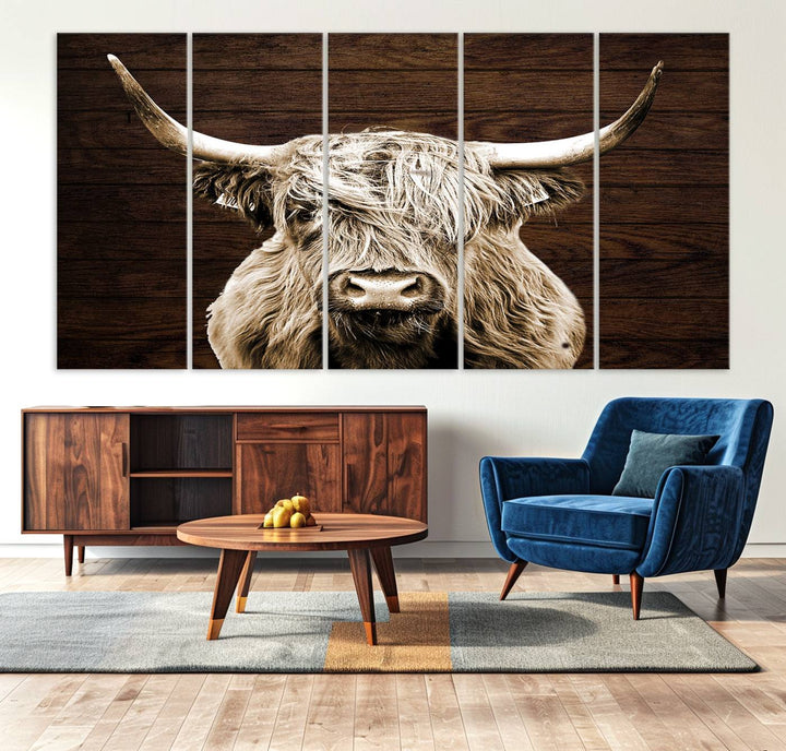 Highland Cow Canvas Wall Art Print - Rustic Scottish Highland Cow with Wooden Texture Background, Perfect for Living Room, Bedroom, or Office Decor