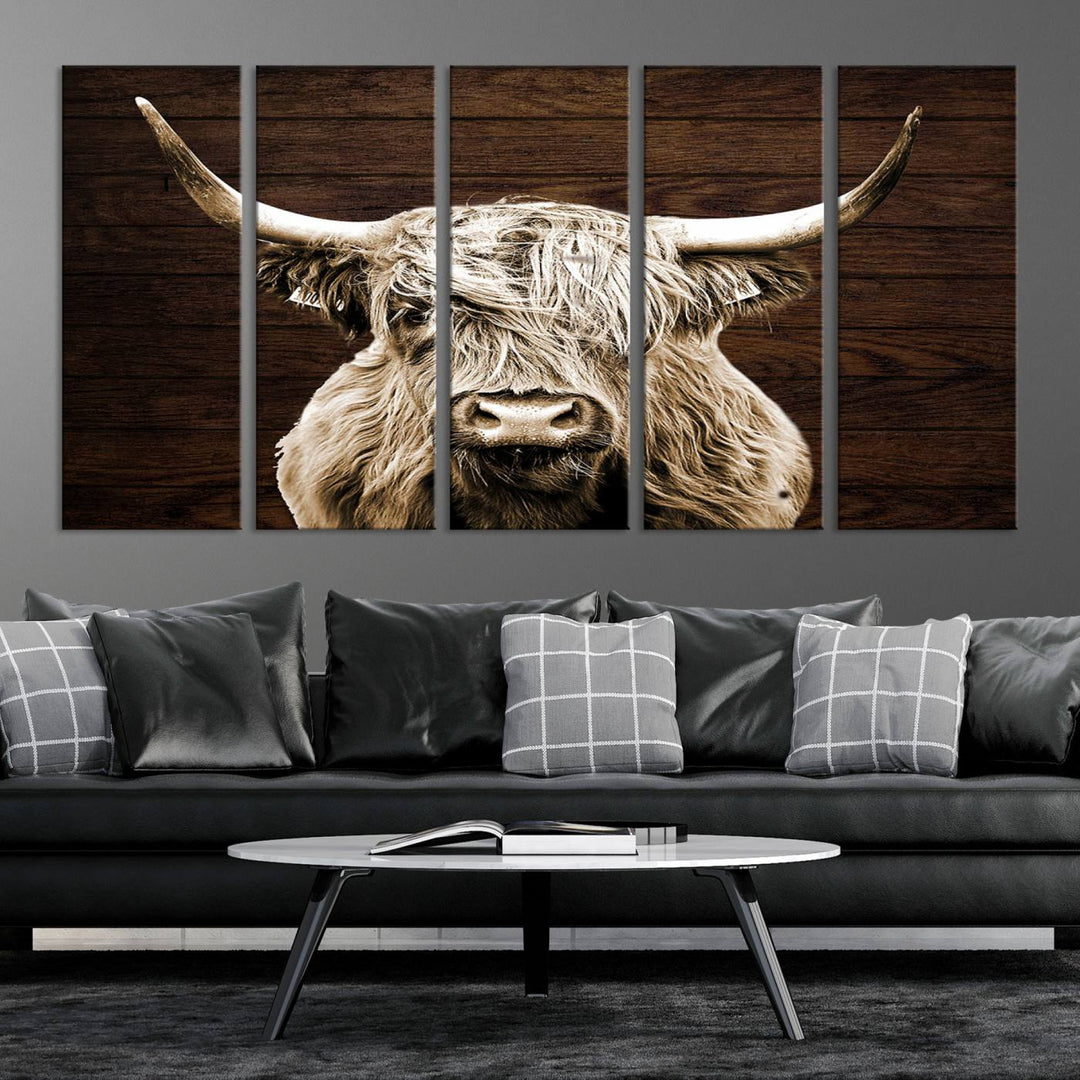 Highland Cow Canvas Wall Art Print - Rustic Scottish Highland Cow with Wooden Texture Background, Perfect for Living Room, Bedroom, or Office Decor