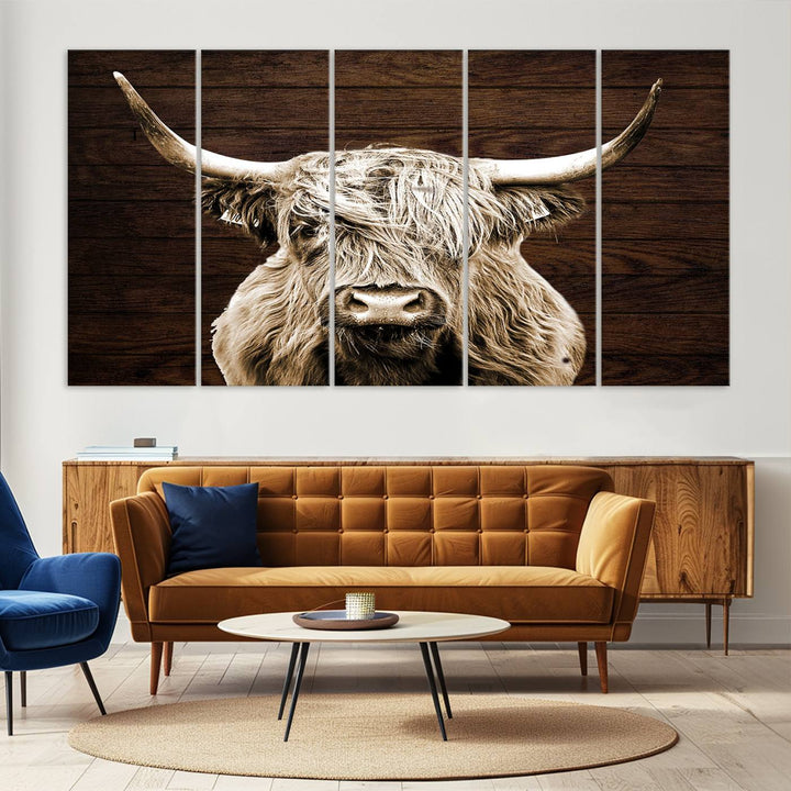 Highland Cow Canvas Wall Art Print - Rustic Scottish Highland Cow with Wooden Texture Background, Perfect for Living Room, Bedroom, or Office Decor