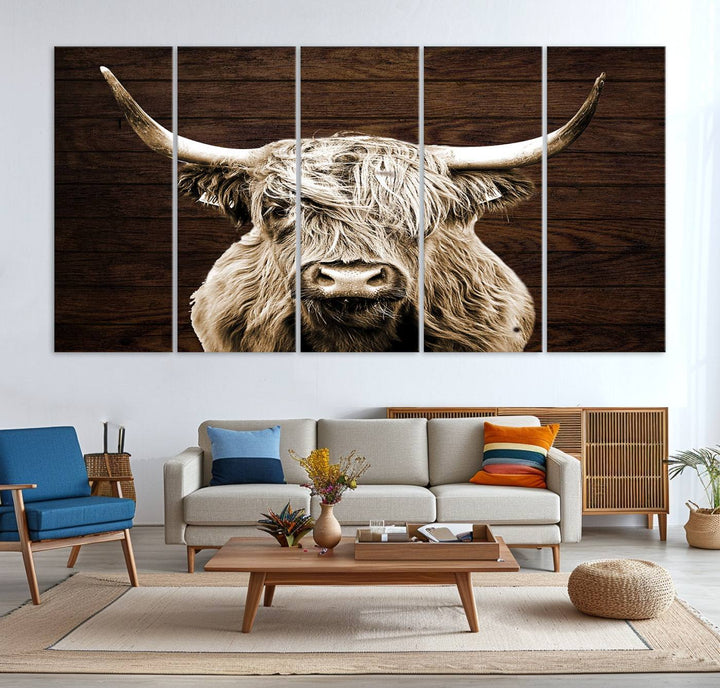 Highland Cow Canvas Wall Art Print - Rustic Scottish Highland Cow with Wooden Texture Background, Perfect for Living Room, Bedroom, or Office Decor