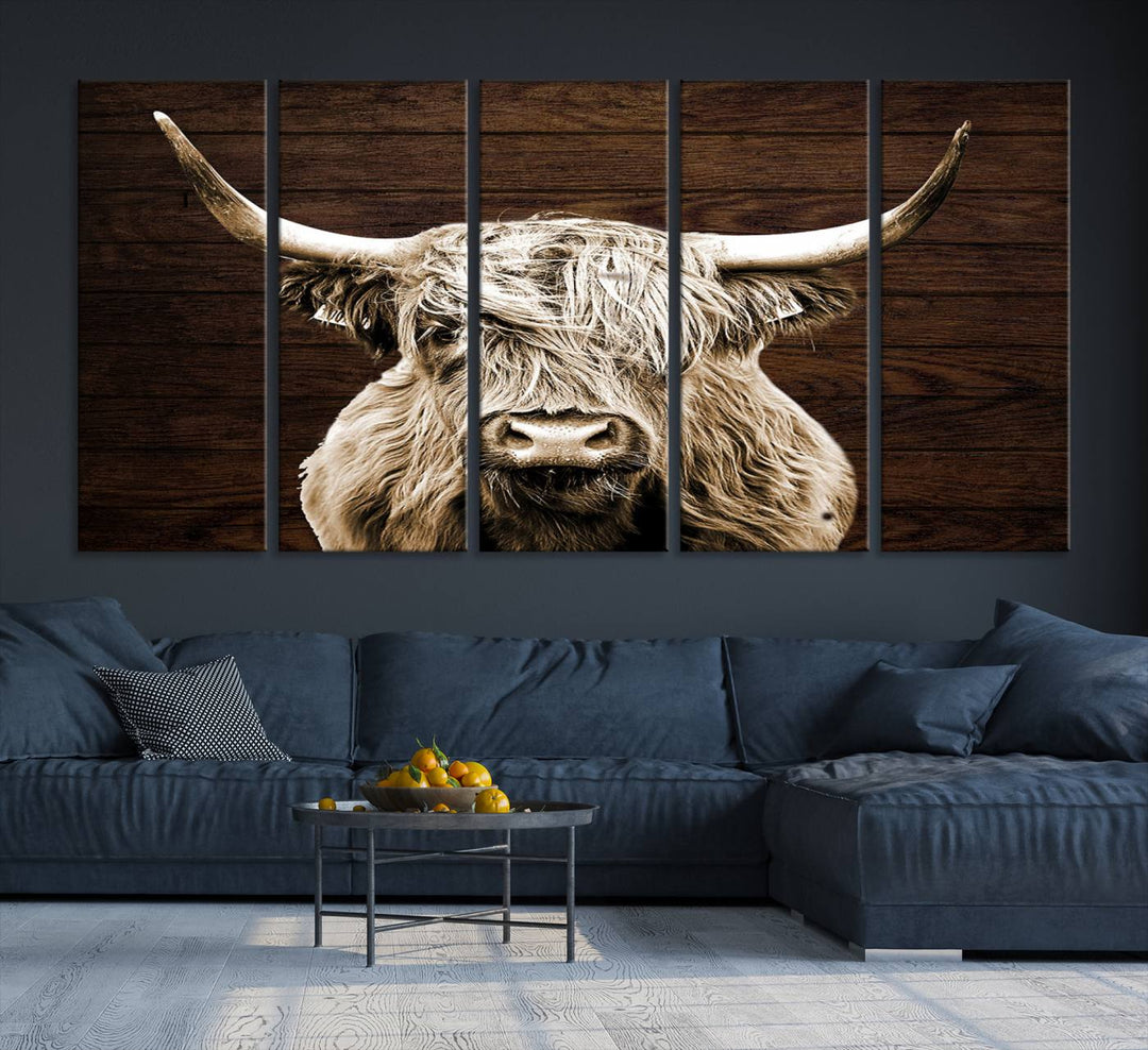 Highland Cow Canvas Wall Art Print - Rustic Scottish Highland Cow with Wooden Texture Background, Perfect for Living Room, Bedroom, or Office Decor