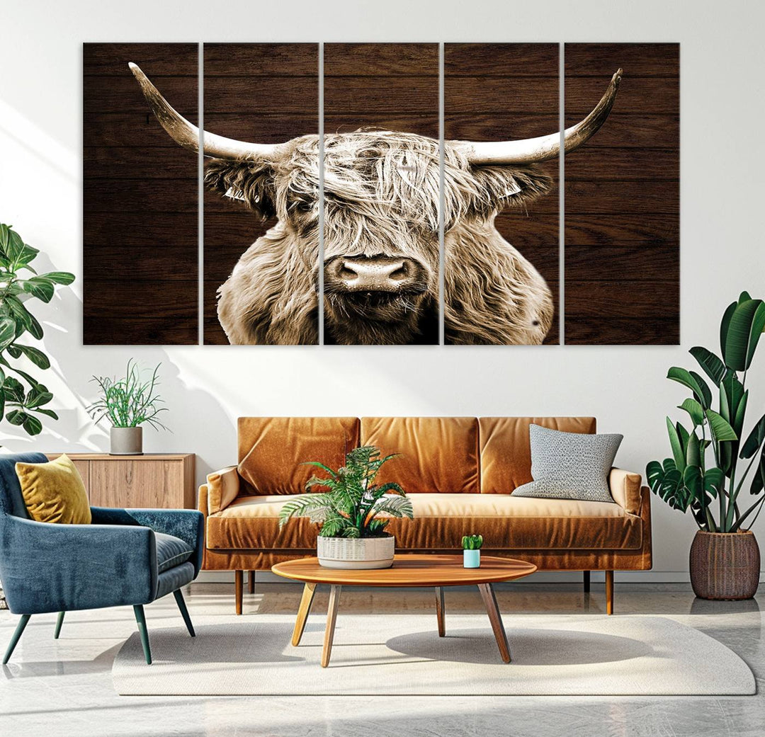 Highland Cow Canvas Wall Art Print - Rustic Scottish Highland Cow with Wooden Texture Background, Perfect for Living Room, Bedroom, or Office Decor