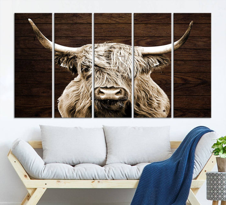 Highland Cow Canvas Wall Art Print - Rustic Scottish Highland Cow with Wooden Texture Background, Perfect for Living Room, Bedroom, or Office Decor