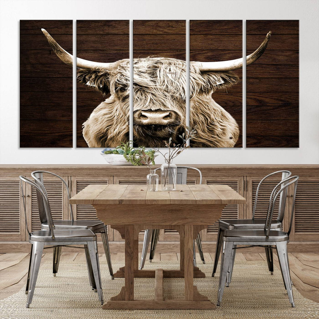 Highland Cow Canvas Wall Art Print - Rustic Scottish Highland Cow with Wooden Texture Background, Perfect for Living Room, Bedroom, or Office Decor