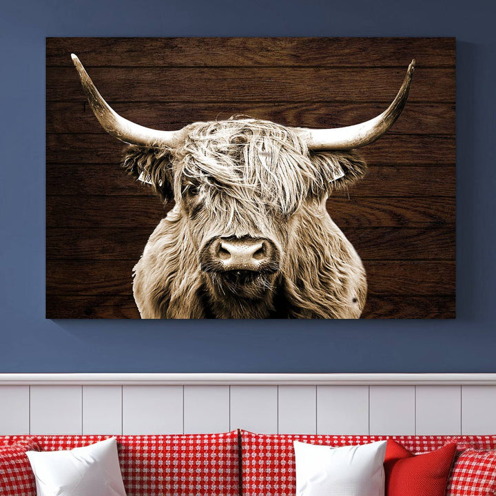 Highland Cow Canvas Wall Art Print - Rustic Scottish Highland Cow with Wooden Texture Background, Perfect for Living Room, Bedroom, or Office Decor