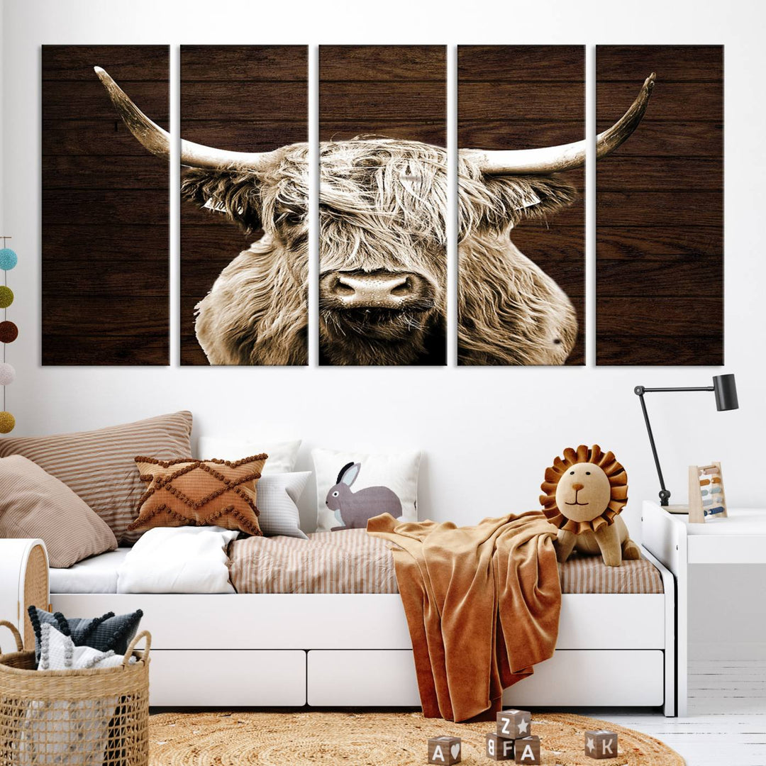 Highland Cow Canvas Wall Art Print - Rustic Scottish Highland Cow with Wooden Texture Background, Perfect for Living Room, Bedroom, or Office Decor