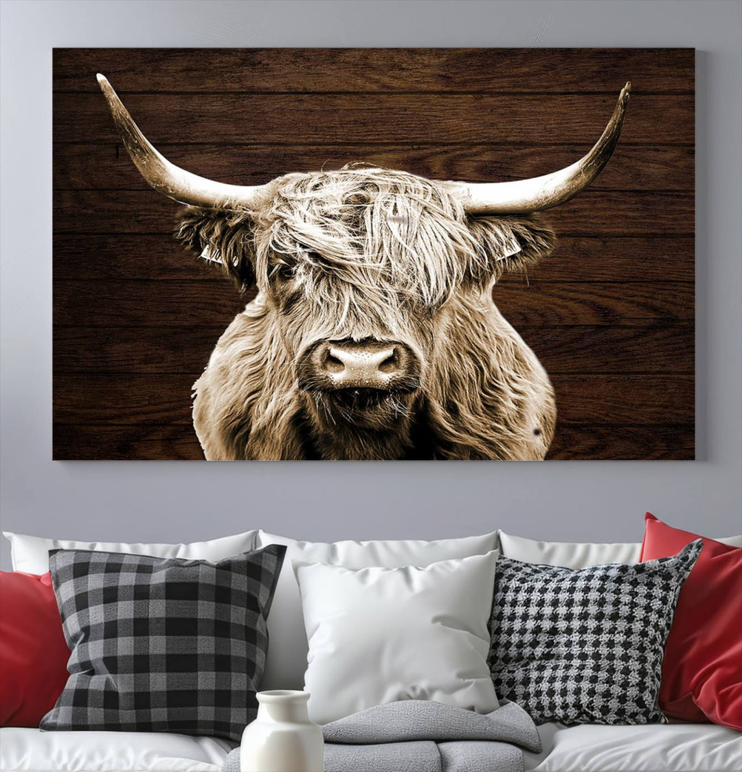 Highland Cow Canvas Wall Art Print - Rustic Scottish Highland Cow with Wooden Texture Background, Perfect for Living Room, Bedroom, or Office Decor