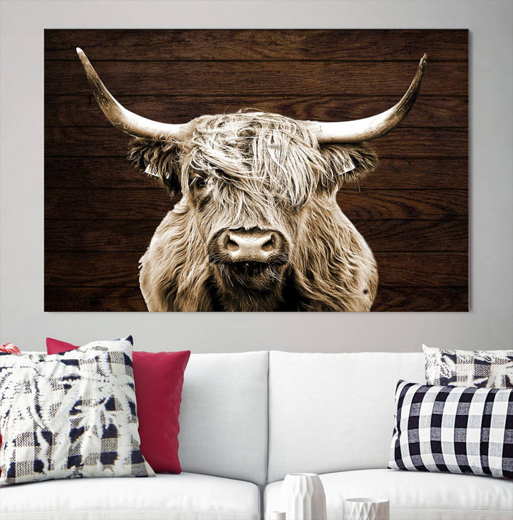 Highland Cow Canvas Wall Art Print - Rustic Scottish Highland Cow with Wooden Texture Background, Perfect for Living Room, Bedroom, or Office Decor