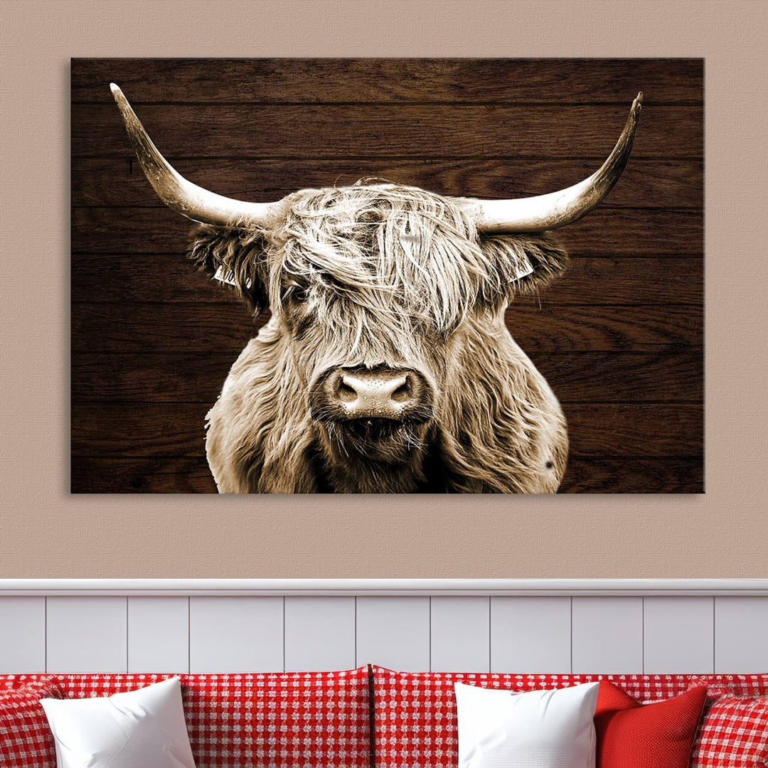 Highland Cow Canvas Wall Art Print - Rustic Scottish Highland Cow with Wooden Texture Background, Perfect for Living Room, Bedroom, or Office Decor