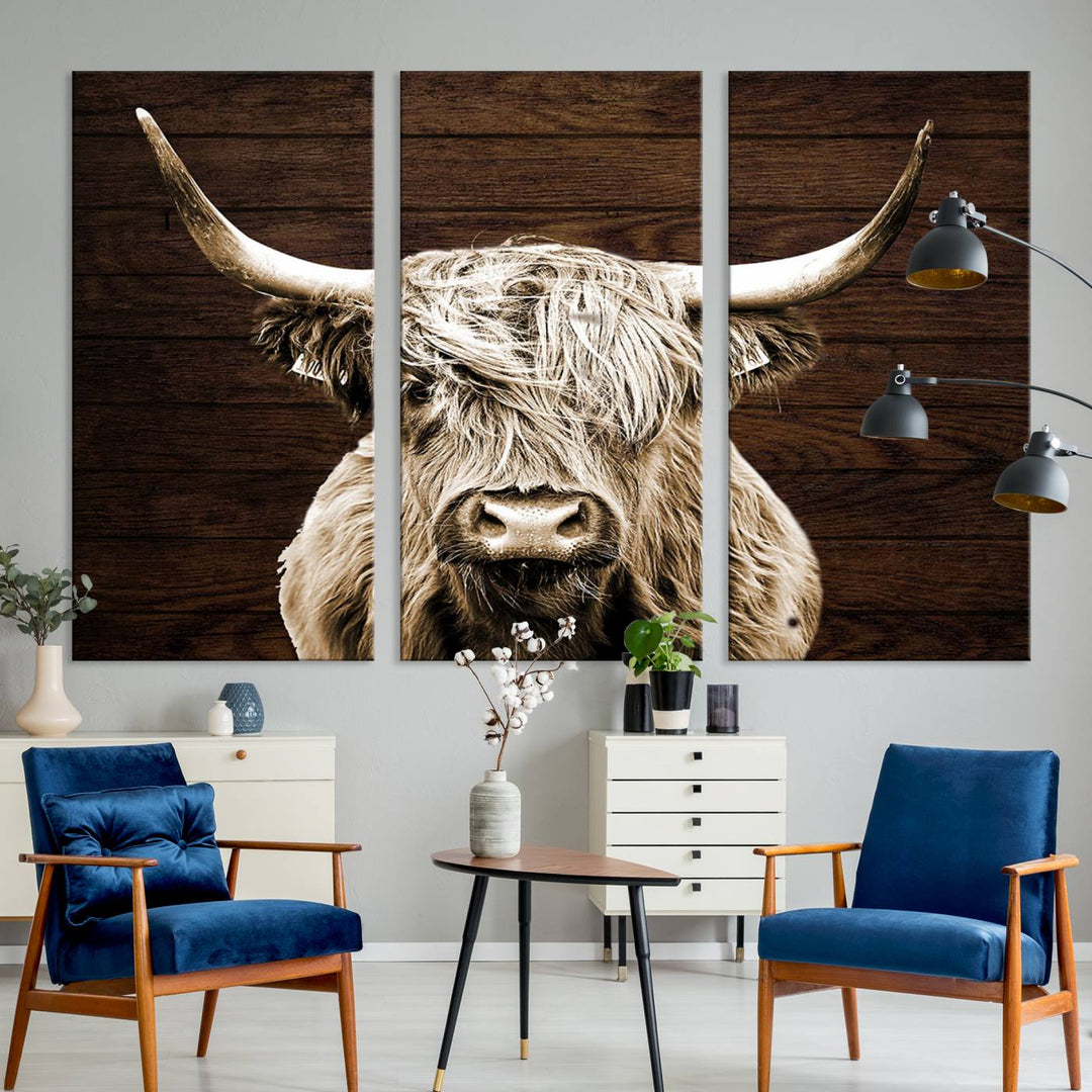 Highland Cow Canvas Wall Art Print - Rustic Scottish Highland Cow with Wooden Texture Background, Perfect for Living Room, Bedroom, or Office Decor