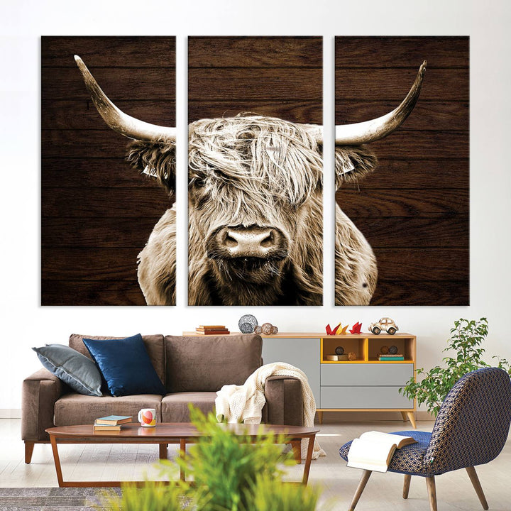 Highland Cow Canvas Wall Art Print - Rustic Scottish Highland Cow with Wooden Texture Background, Perfect for Living Room, Bedroom, or Office Decor