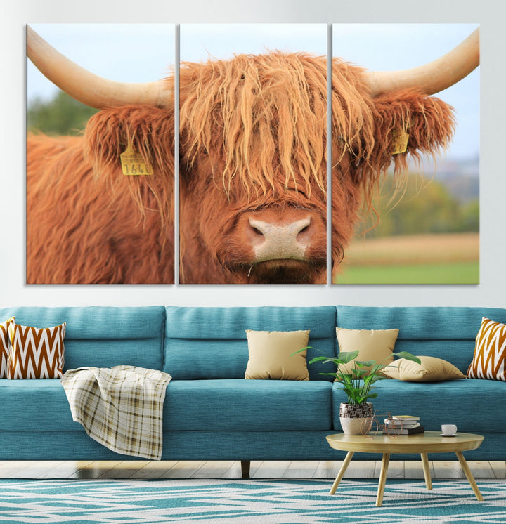 Highland Cow Close-up Canvas Wall Art Print Multi Panel Extra Large Canvas Set Framed Ready to Hang Artwork