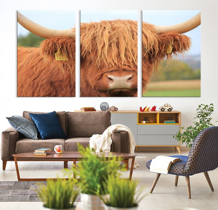 Highland Cow Close-up Canvas Wall Art Print Multi Panel Extra Large Canvas Set Framed Ready to Hang Artwork