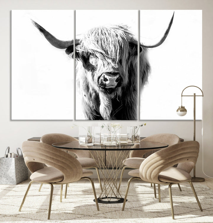 Highland Cow Extra Large Canvas Wall Art Cute Animals Art Cow Print Nature Black and White Canvas Wall Decor Framed