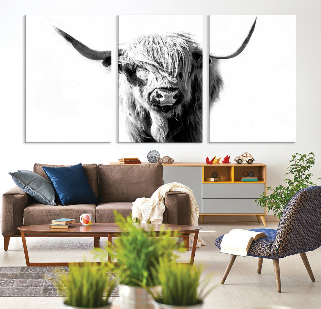 Highland Cow Extra Large Canvas Wall Art Cute Animals Art Cow Print Nature Black and White Canvas Wall Decor Framed