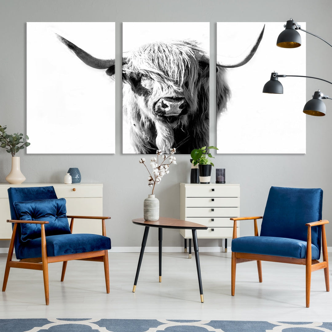 Highland Cow Extra Large Canvas Wall Art Cute Animals Art Cow Print Nature Black and White Canvas Wall Decor Framed