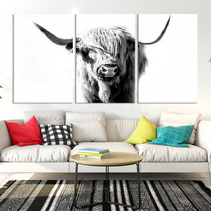 Highland Cow Extra Large Canvas Wall Art Cute Animals Art Cow Print Nature Black and White Canvas Wall Decor Framed