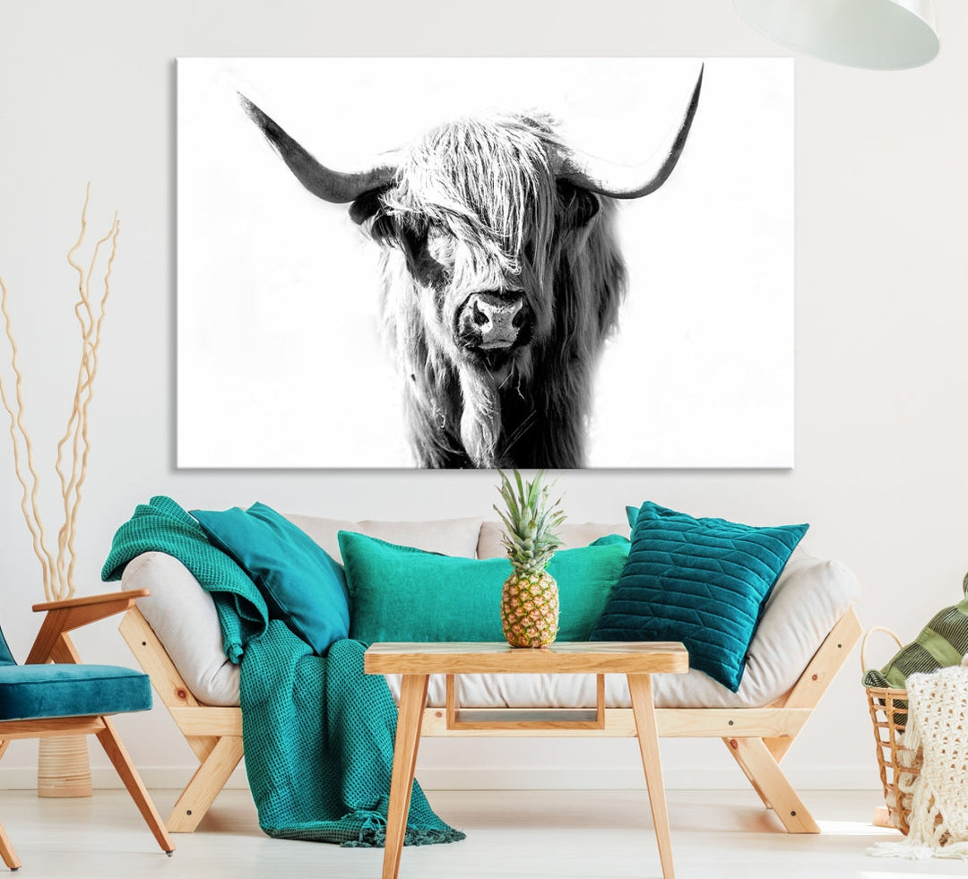 Highland Cow Extra Large Canvas Wall Art Cute Animals Art Cow Print Nature Black and White Canvas Wall Decor Framed