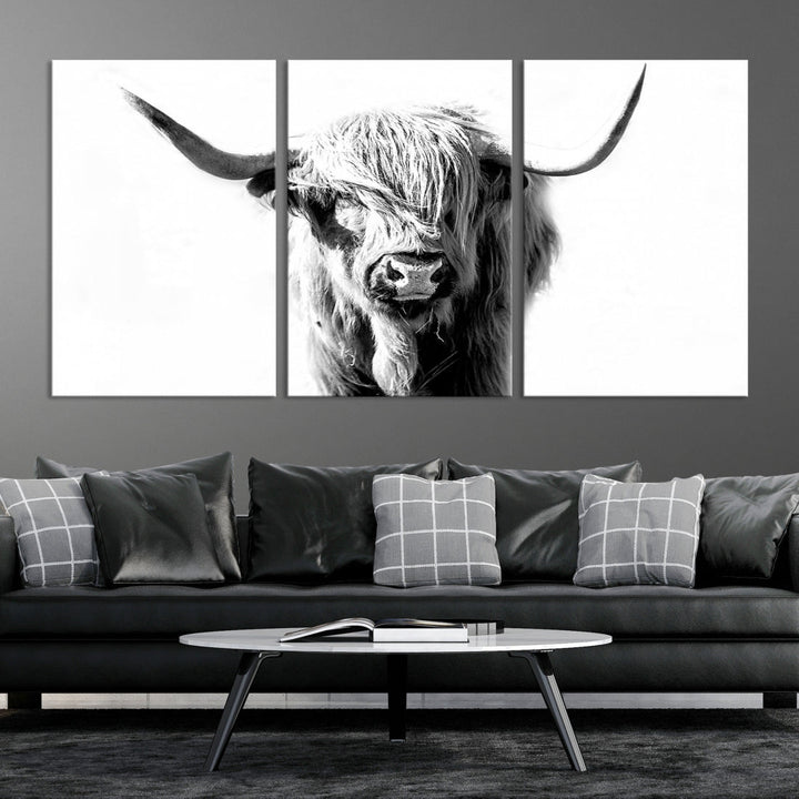 Highland Cow Extra Large Canvas Wall Art Cute Animals Art Cow Print Nature Black and White Canvas Wall Decor Framed