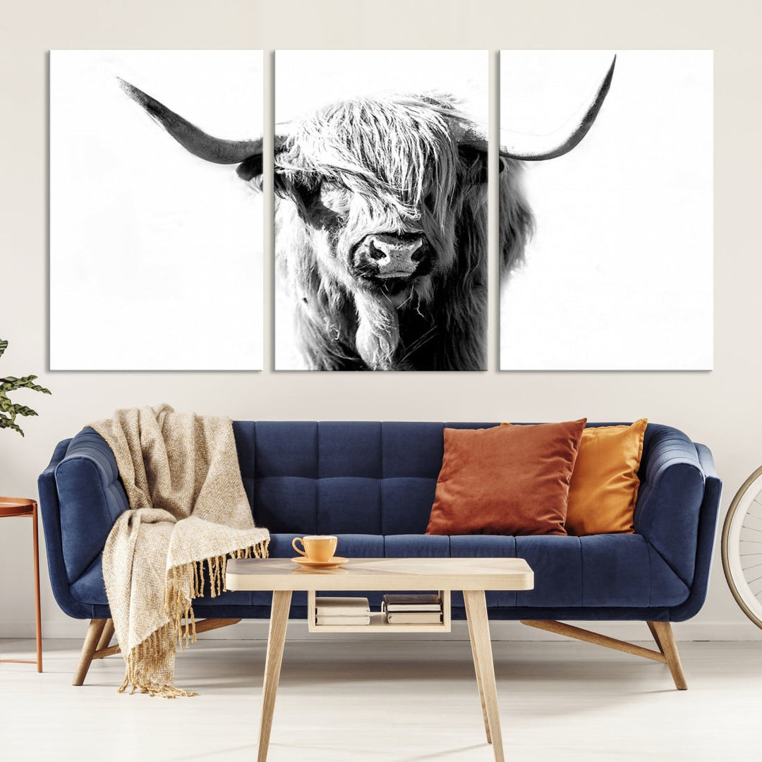 Highland Cow Extra Large Canvas Wall Art Cute Animals Art Cow Print Nature Black and White Canvas Wall Decor Framed