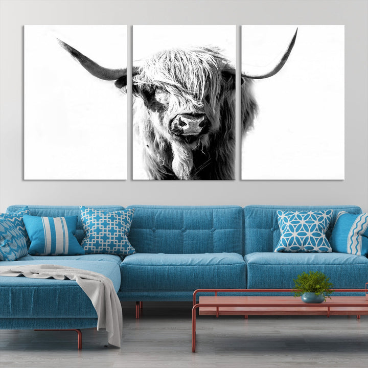 Highland Cow Extra Large Canvas Wall Art Cute Animals Art Cow Print Nature Black and White Canvas Wall Decor Framed