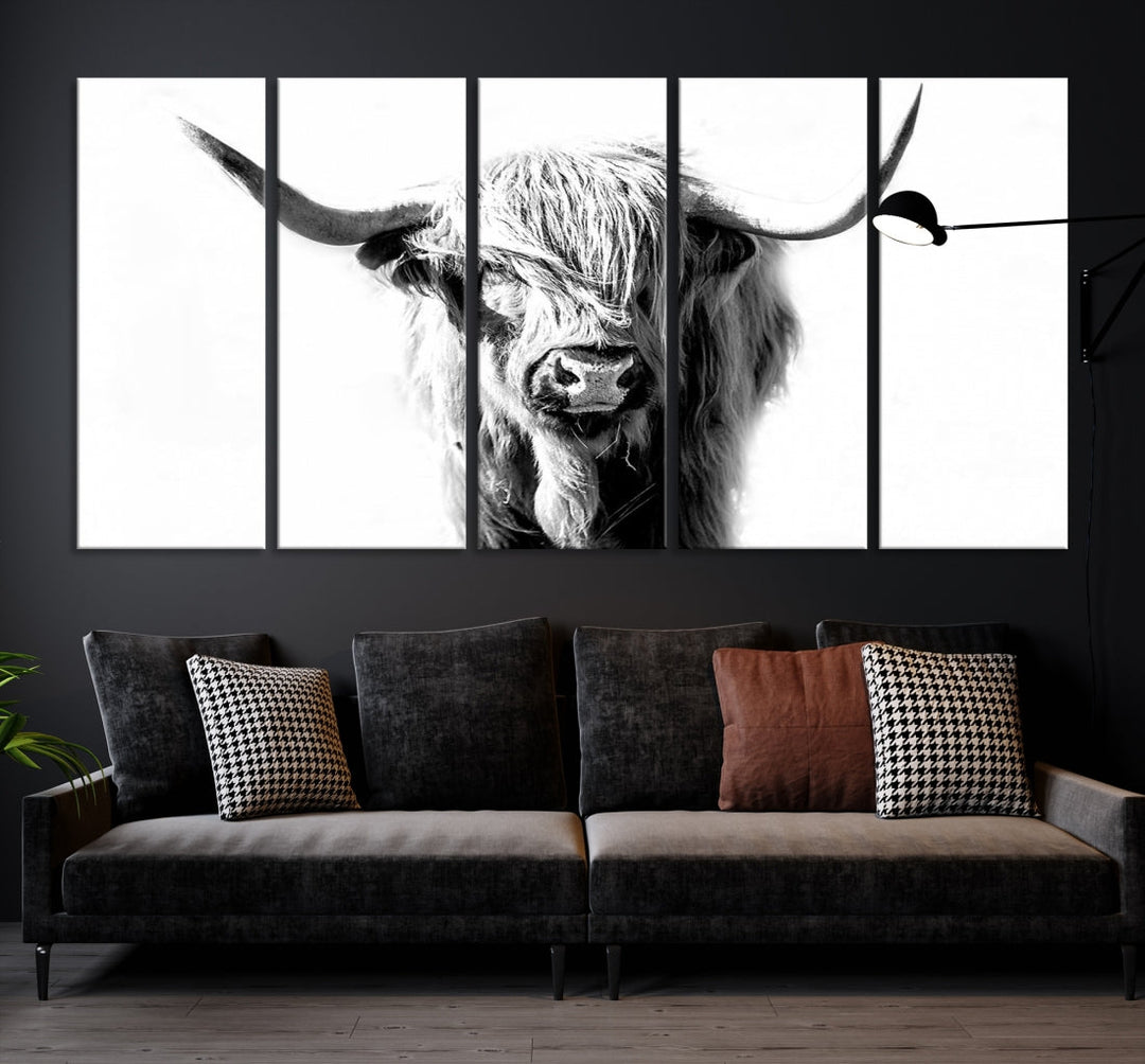 Highland Cow Extra Large Canvas Wall Art Cute Animals Art Cow Print Nature Black and White Canvas Wall Decor Framed