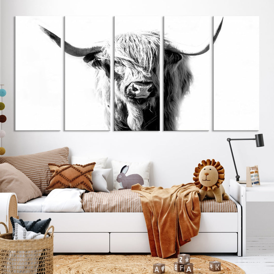 Highland Cow Extra Large Canvas Wall Art Cute Animals Art Cow Print Nature Black and White Canvas Wall Decor Framed