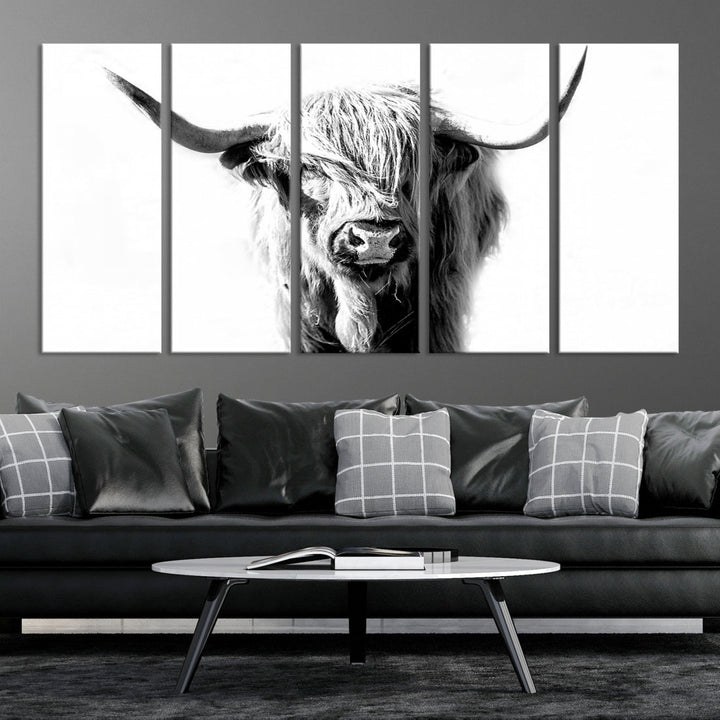 Highland Cow Extra Large Canvas Wall Art Cute Animals Art Cow Print Nature Black and White Canvas Wall Decor Framed