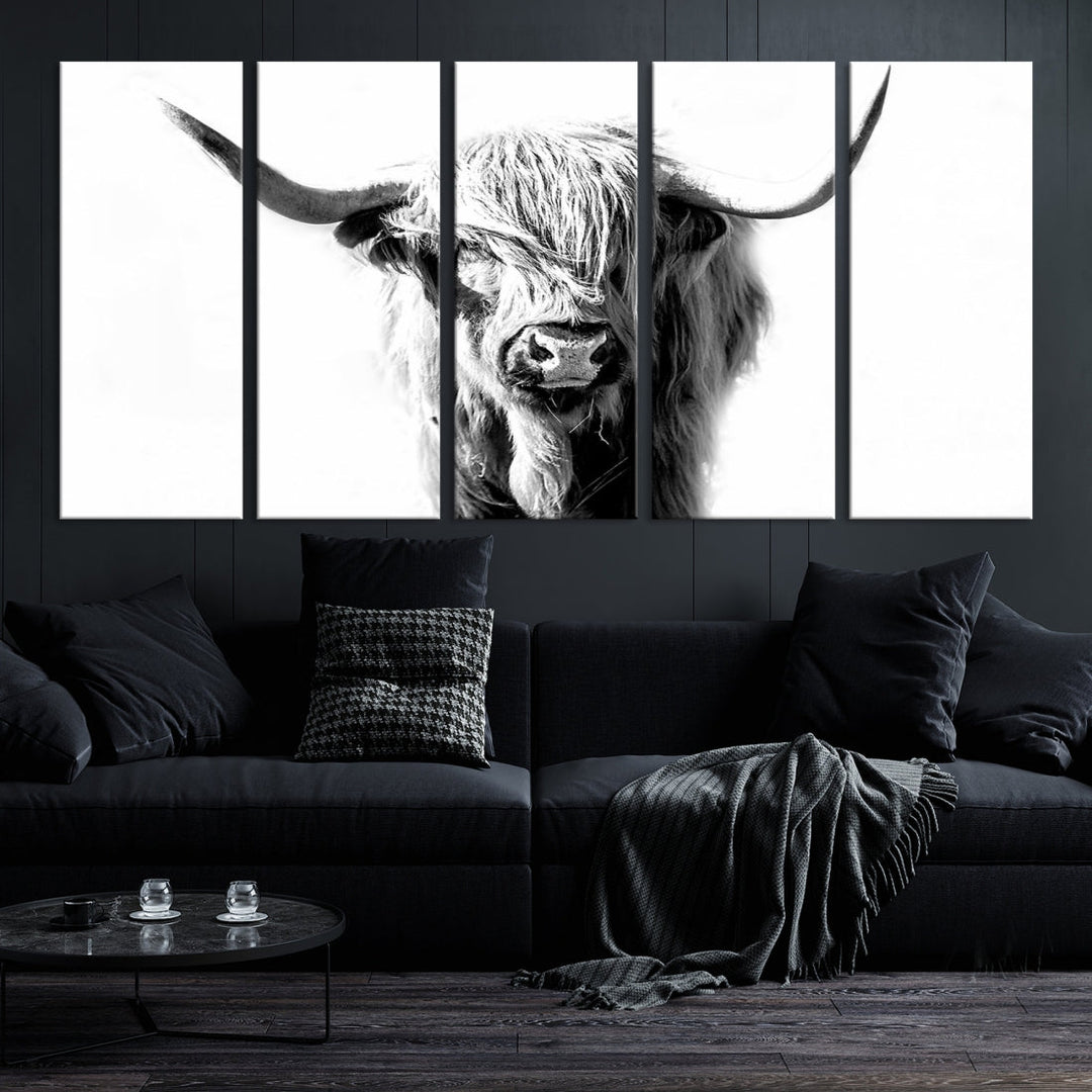 Highland Cow Extra Large Canvas Wall Art Cute Animals Art Cow Print Nature Black and White Canvas Wall Decor Framed