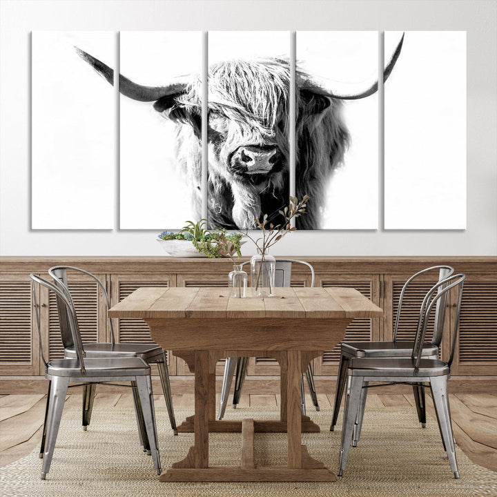 Highland Cow Extra Large Canvas Wall Art Cute Animals Art Cow Print Nature Black and White Canvas Wall Decor Framed