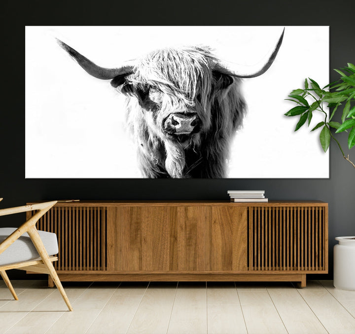 Highland Cow Extra Large Canvas Wall Art Cute Animals Art Cow Print Nature Black and White Canvas Wall Decor Framed