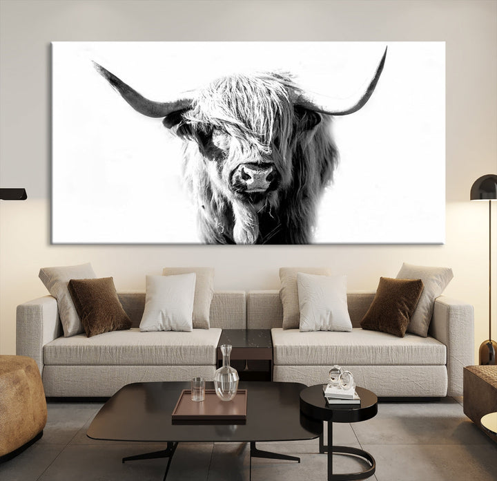 Highland Cow Extra Large Canvas Wall Art Cute Animals Art Cow Print Nature Black and White Canvas Wall Decor Framed