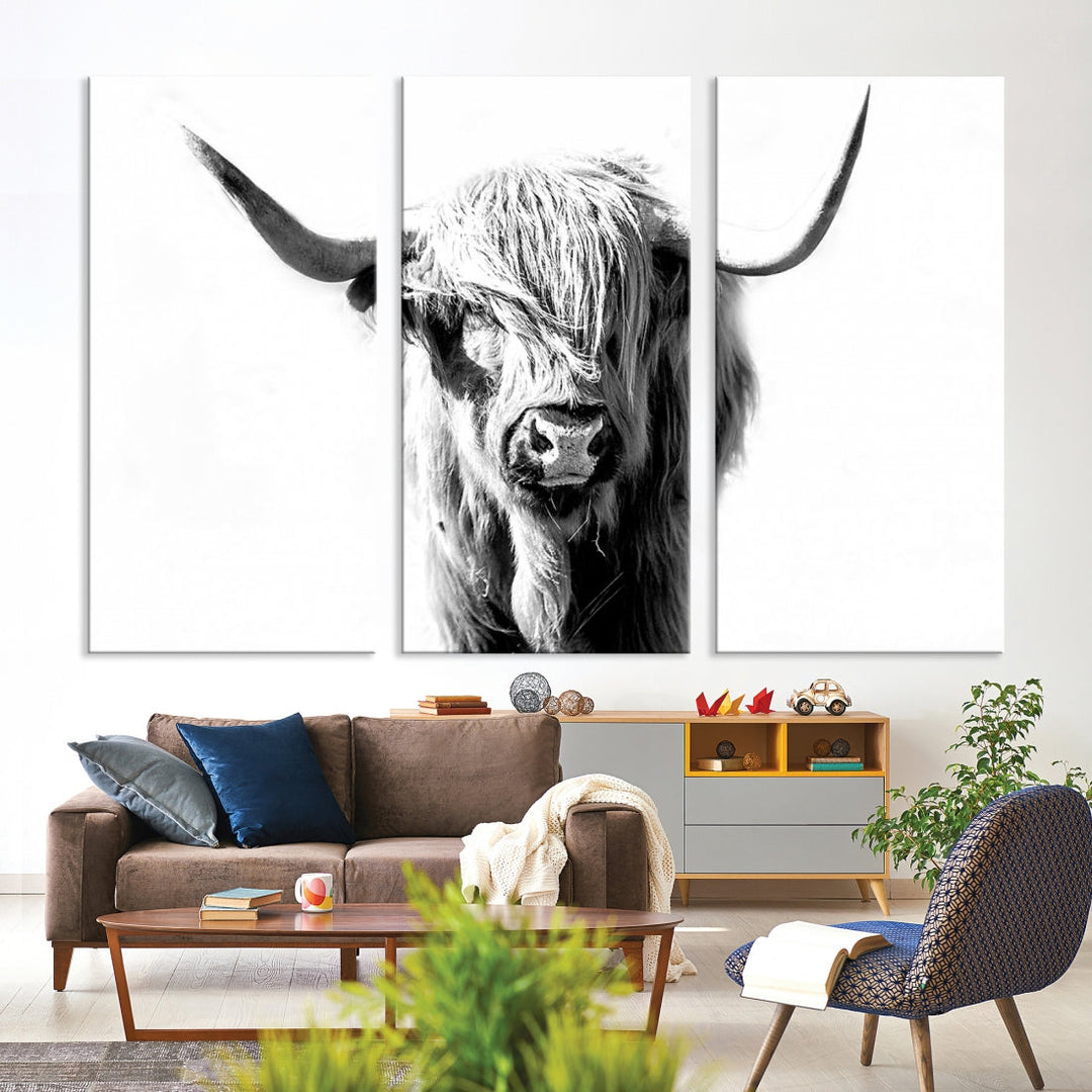 Highland Cow Extra Large Canvas Wall Art Cute Animals Art Cow Print Nature Black and White Canvas Wall Decor Framed