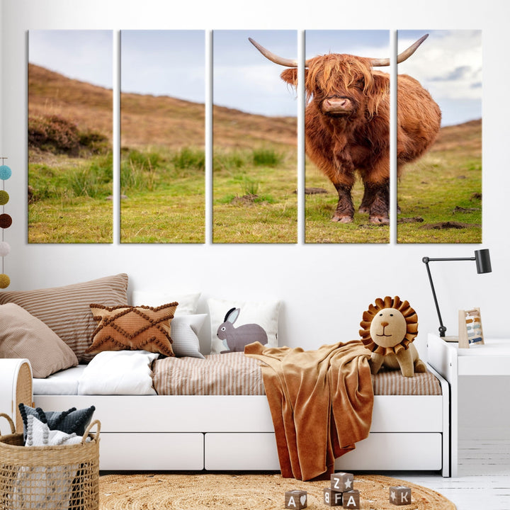 Highland Cow Large Animal Canvas Wall Art Texas Cow Canvas Art Cattle Photograph Art Canvas Picture Animal Art Print Home Decor Farmhouse Art Multi Panel Framed Wall Art Canvas Print