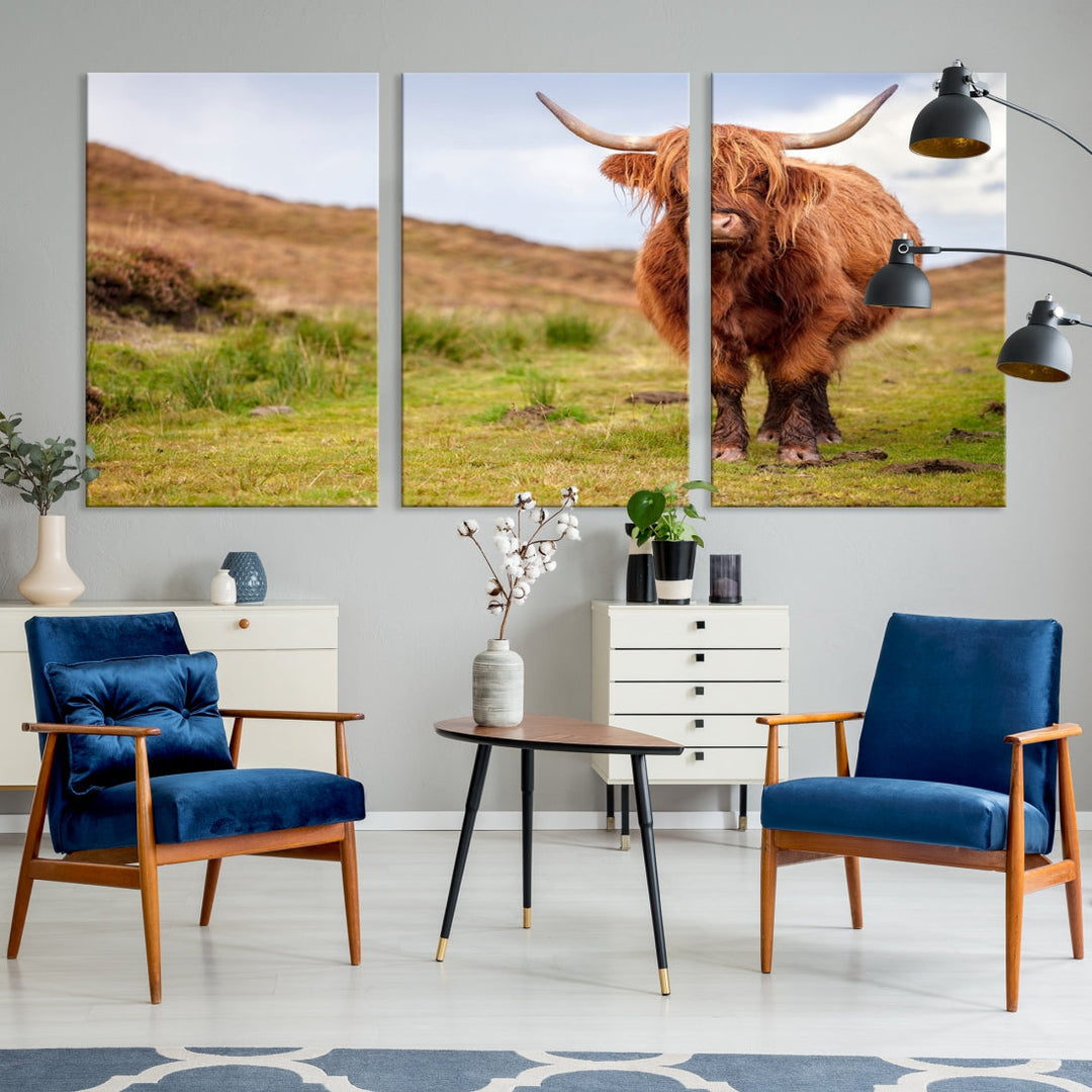 Highland Cow Large Animal Canvas Wall Art Texas Cow Canvas Art Cattle Photograph Art Canvas Picture Animal Art Print Home Decor Farmhouse Art Multi Panel Framed Wall Art Canvas Print