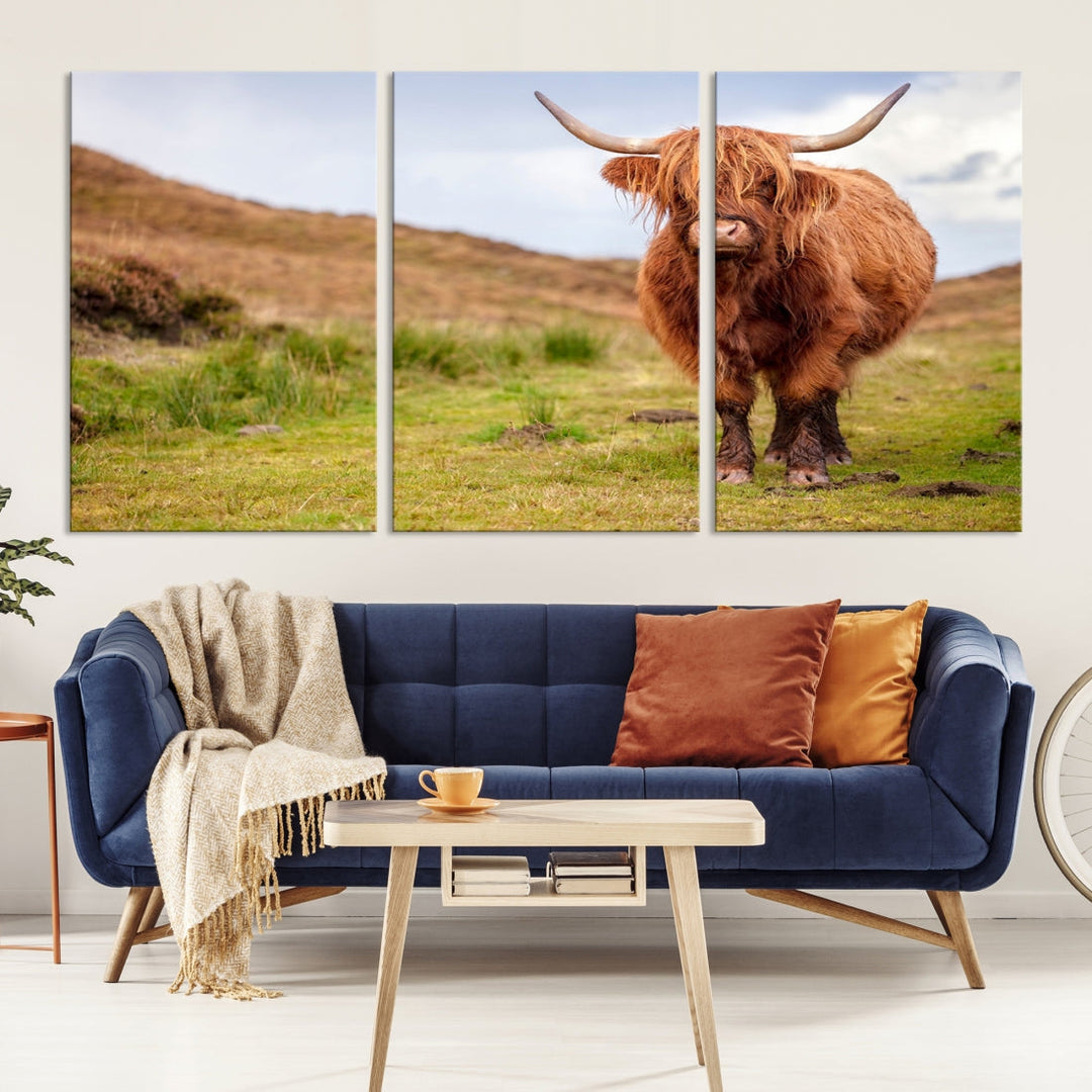 Highland Cow Large Animal Canvas Wall Art Texas Cow Canvas Art Cattle Photograph Art Canvas Picture Animal Art Print Home Decor Farmhouse Art Multi Panel Framed Wall Art Canvas Print