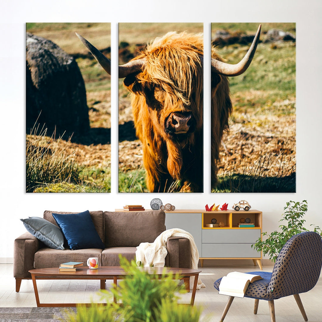 Highland Cow Large Canvas Wall Art Print Nature Photo Animal Canvas Art Landscape Art Cow Print Framed Ready to Hang Multi Panel Artwork for Farmhouse Ranch Farm Mountain Home Decor