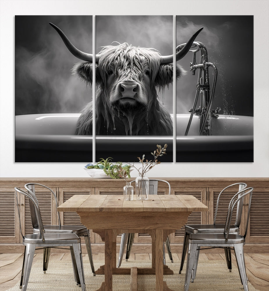 Highland Cow Wall Art Canvas Print Funny Animal Wall Decor Black and White Framed Cow PrintSe