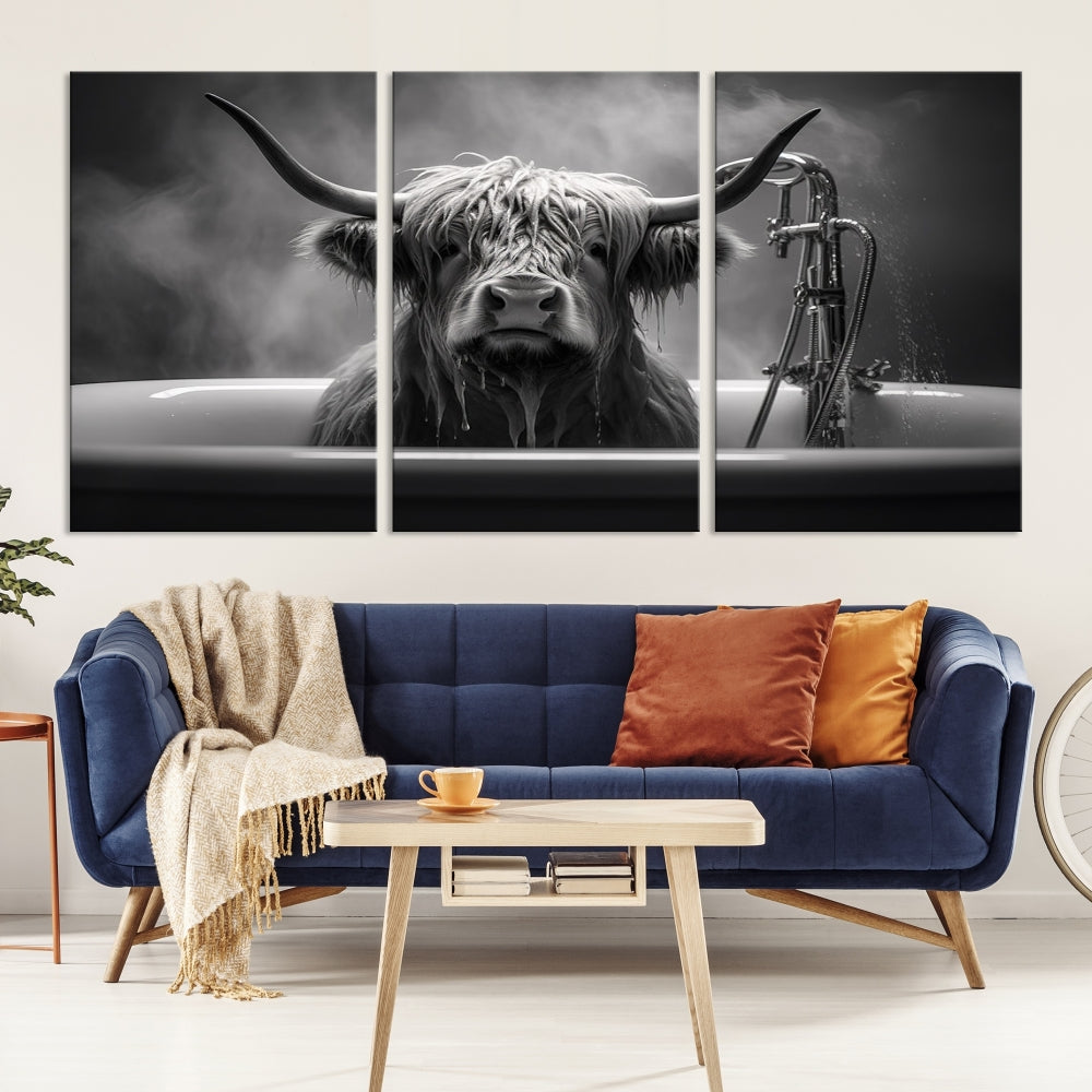 Highland Cow Wall Art Canvas Print Funny Animal Wall Decor Black and White Framed Cow PrintSe