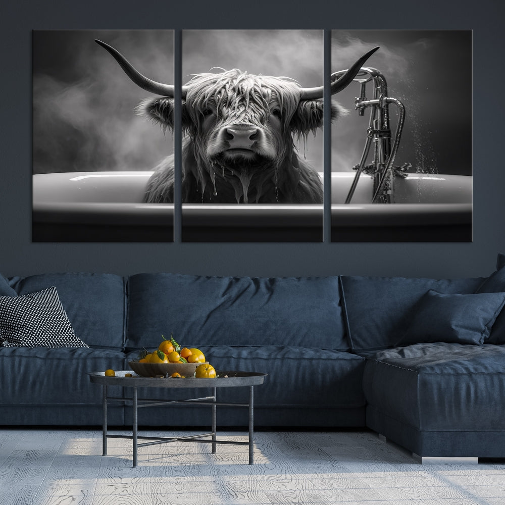 Highland Cow Wall Art Canvas Print Funny Animal Wall Decor Black and White Framed Cow PrintSe