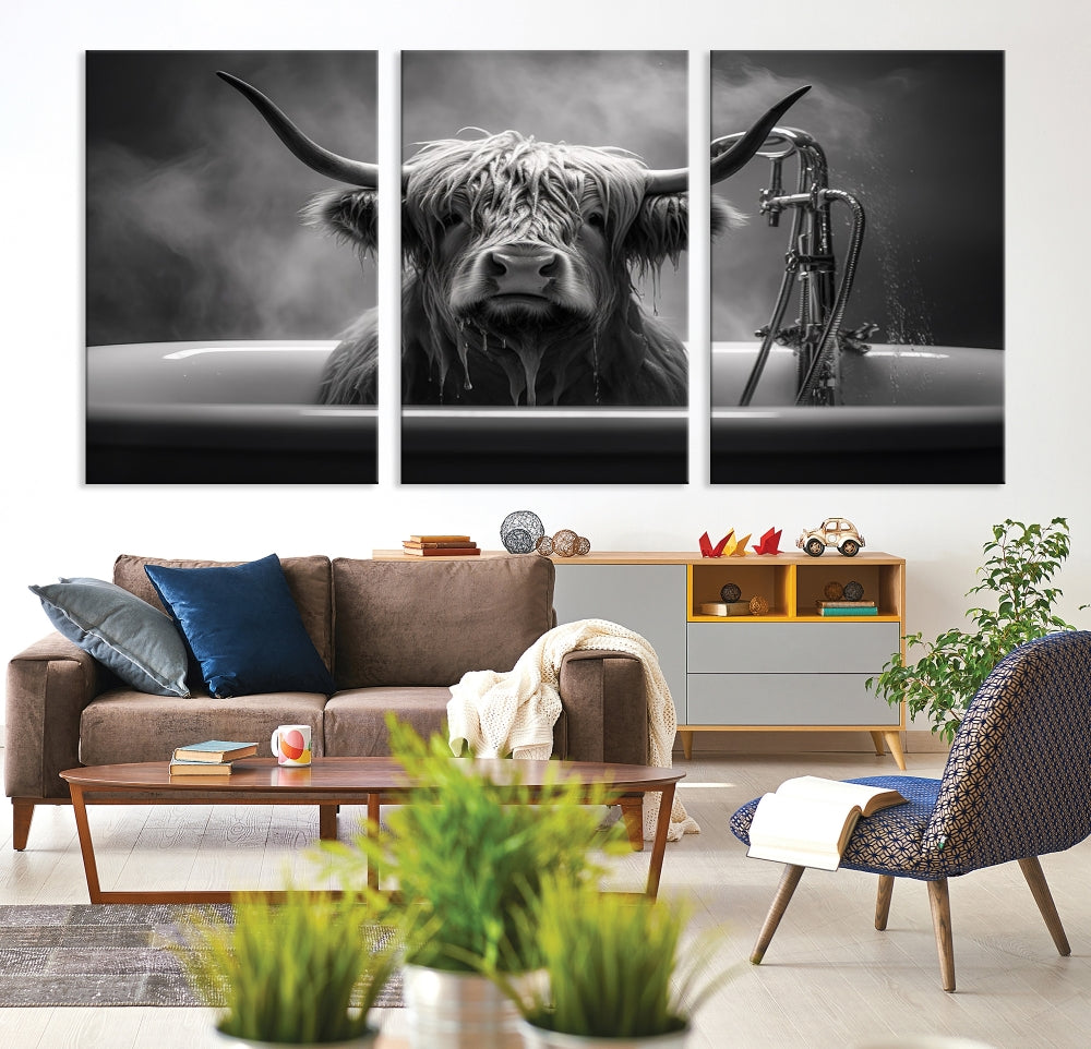 Highland Cow Wall Art Canvas Print Funny Animal Wall Decor Black and White Framed Cow PrintSe