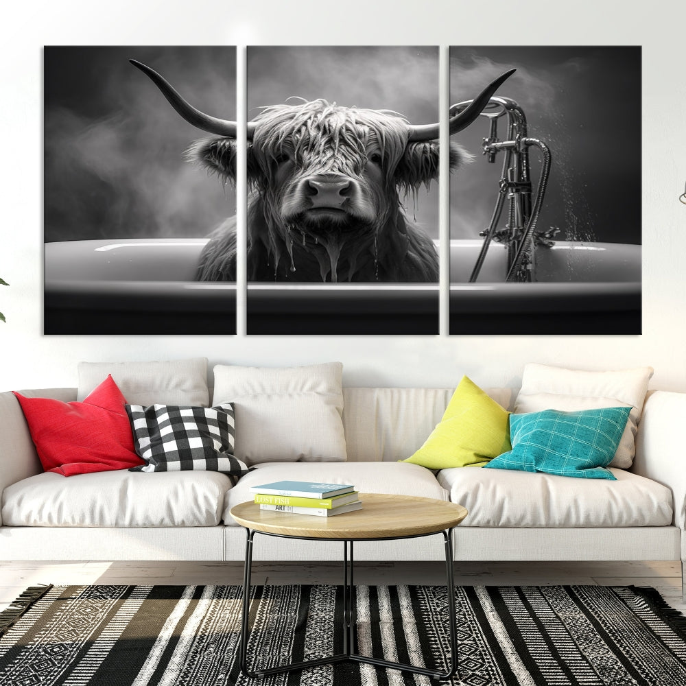 Highland Cow Wall Art Canvas Print Funny Animal Wall Decor Black and White Framed Cow PrintSe