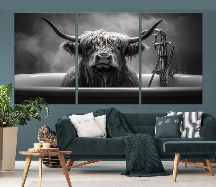 Highland Cow Wall Art Canvas Print Funny Animal Wall Decor Black and White Framed Cow PrintSe