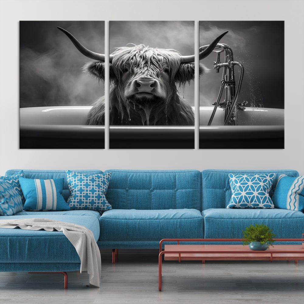 Highland Cow Wall Art Canvas Print Funny Animal Wall Decor Black and White Framed Cow PrintSe