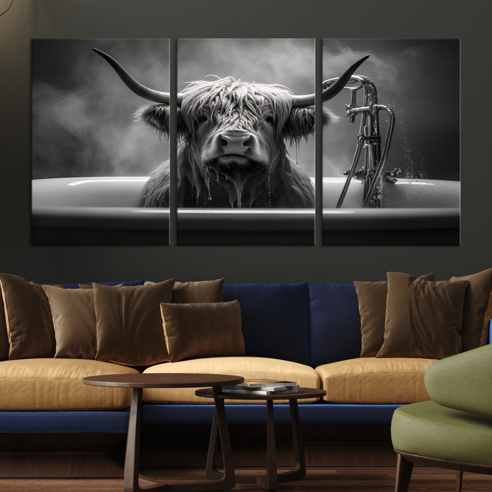 Highland Cow Wall Art Canvas Print Funny Animal Wall Decor Black and White Framed Cow PrintSe